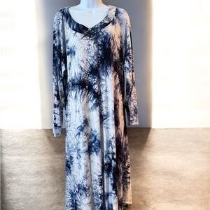 Yozly Blue White Tie Dye Long Sleeve Maxi Dress housedress loungewear XL